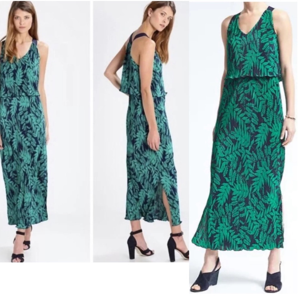 Banana Republic green navy blue Fern Print Layered Pleat Maxi Dress Sz M NWOT